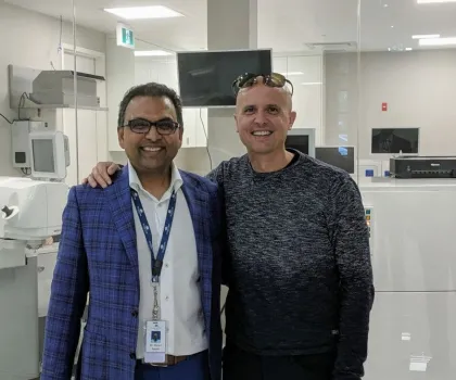 Dr. Lane congratulates Dr. Murari Patodia at the grand opening of "Patodia Eye Institute" in Sarnia, ON.